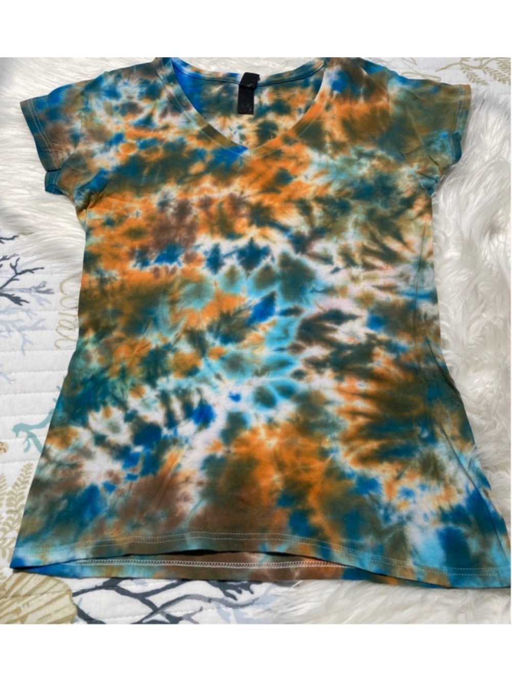 Women's Anvil Tie-Dye Short Sleeve V-Neck Tee S Orange Teal